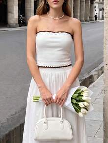 Cévolie 2pcs Women's Elegant Patchwork Contrast Color Bandeau Top And Skirt Set - Beige - View 5