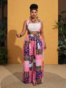 Maweii Plus Size Women Retro Patchwork Print Jumpsuit Fall - Pink - View 4