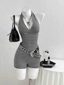 SHEIN Unity 夏季性感條紋貼身掛脖綁帶針織連身褲女款 - 黑與白 - 查看 5