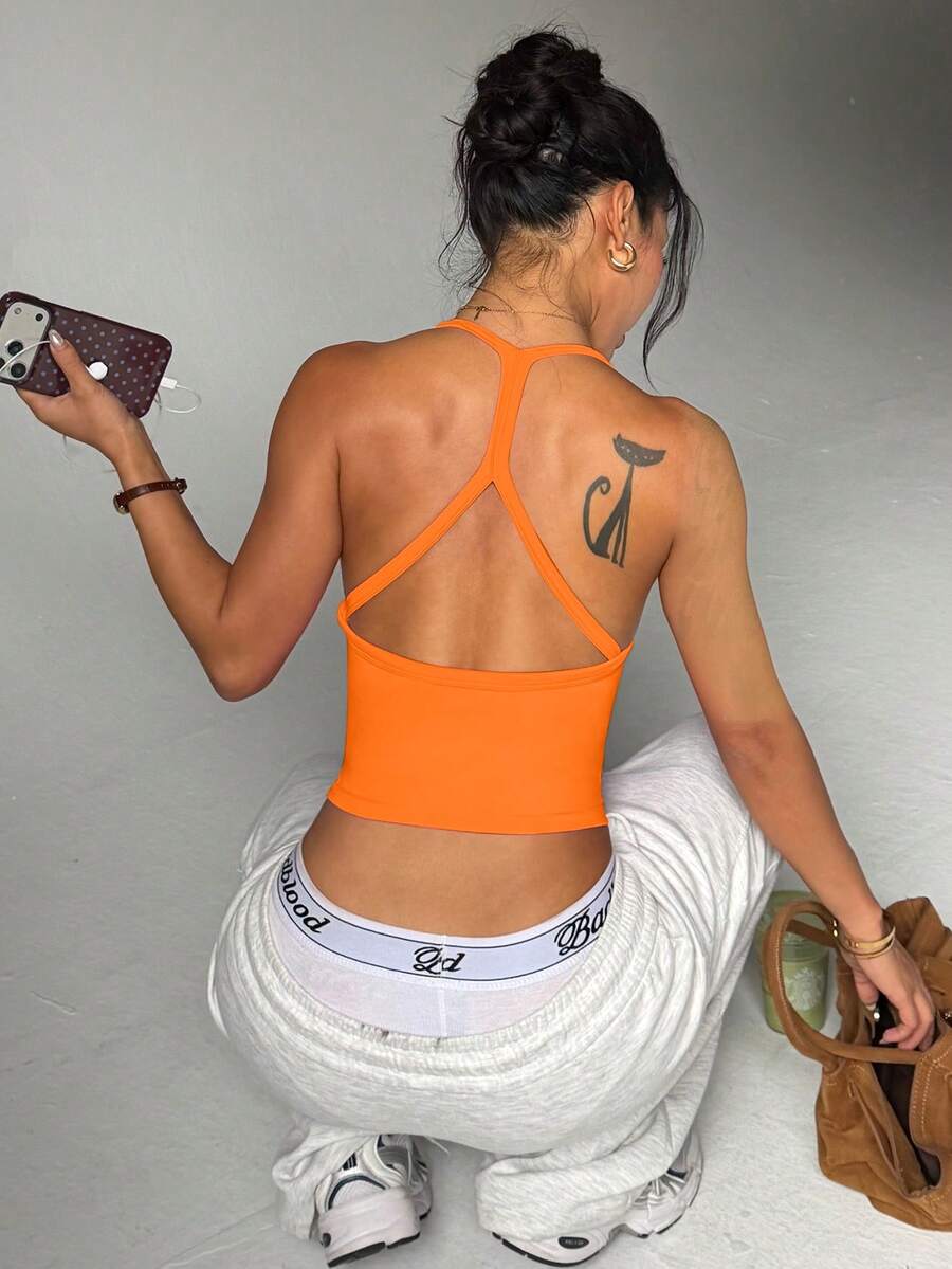 SHEIN Dewbera 女款無縫瑜珈運動內衣,無鋼圈健身上衣,交叉式運動背心,跑步內衣 - 珊瑚橙 - 查看 1