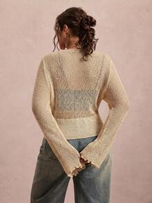 Freevana Plus Size Women's Lace-Up Ruffle Cuff Knit Cardigan Fall - Apricot - View 2