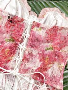 Soleia 女款浪漫春夏度假雛菊刺繡紋理印花3D花卉裝飾胸衣上衣，休閒約會情人節下午茶海灘郵輪公路旅行城市度假音樂節派對波希米亞波西米亞嬉皮西式風格，內搭/外穿，四季日常通勤 - 粉色 - 查看 5
