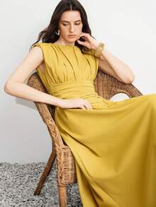 Aveloria Modichic Gewaschenes ärmelloses Kleid mit diagonalem Streifenmuster, V-Ausschnitt und taillierter Taille für Damen - Rötlich-braun - Übersicht 1