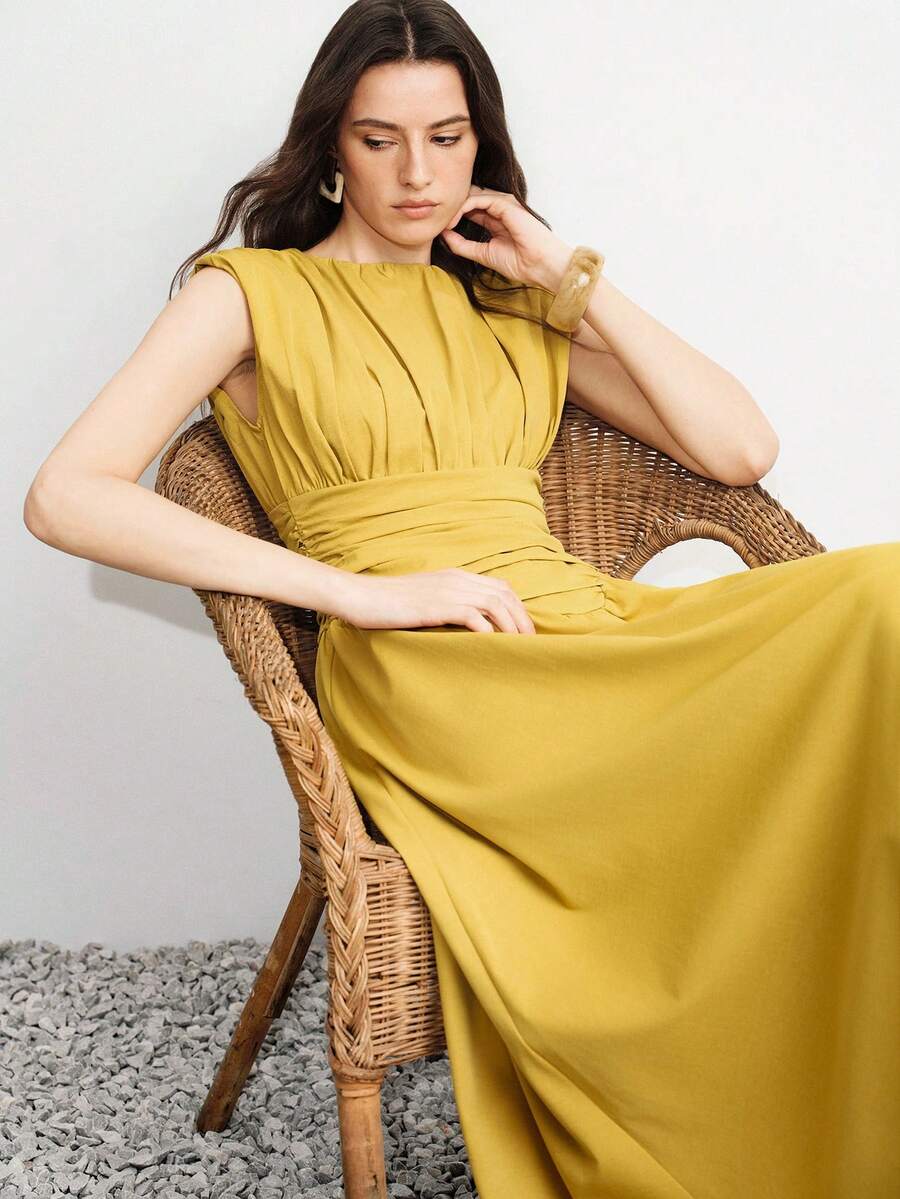 Aveloria Modichic Gewaschenes ärmelloses Kleid mit diagonalem Streifenmuster, V-Ausschnitt und taillierter Taille für Damen - Rötlich-braun - Übersicht 1