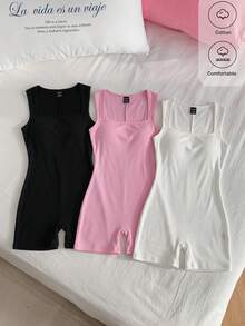 CovetEZ 3件組女款休閒素色無袖方領連身褲，極簡設計，貼身剪裁，夏季女款棉質羅紋針織方領背心短版連身褲，舒適棉質羅紋針織短版方領連身褲，女款素色方領背心連身褲，棉質無袖短版連身褲，夏季穿搭 - 彩色 - 查看 2