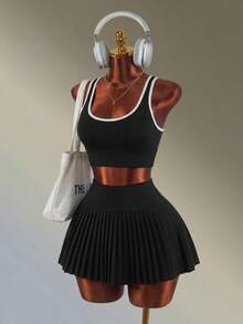 Amplova Solid Color Knit Pleated Sports Skirt/Shorts - Black - View 5