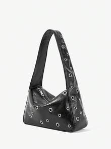 Viva Strut Ladies, Women Shoulder Bag, Hobo Bag, Black, Faux Leather, Fashionable, Personalized, Simple, Versatile, Street, Sweet And Cool Girls, Hot Girls, Y2k, Retro, Rivets, Vintage, For Commute, Office, Date, Daily, Shopping, School - Pure black - View 1