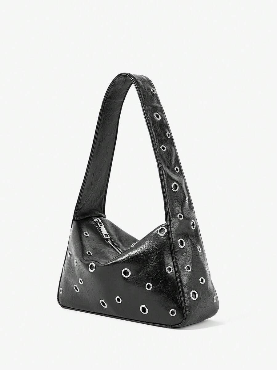Viva Strut Ladies, Women Shoulder Bag, Hobo Bag, Black, Faux Leather, Fashionable, Personalized, Simple, Versatile, Street, Sweet And Cool Girls, Hot Girls, Y2k, Retro, Rivets, Vintage, For Commute, Office, Date, Daily, Shopping, School - Pure black - View 1