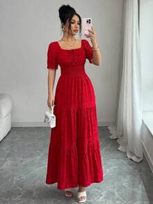 Elenzga Women's Elegant Waist Tie Petal Sleeve Dress, Summer - Red - View 4