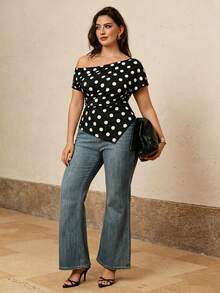 Juhart Plus Size Women's Polka Dot Asymmetrical Shoulder Ruched Casual Versatile Daily Outing T-Shirt - Black - View 1