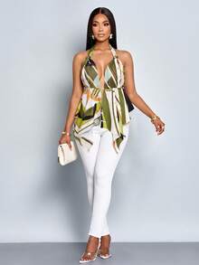 SOLERSUN Top de mujer para vacaciones sexy con estampado integral, cuello halter, espalda descubierta, lazo en la espalda, bajo asimétrico, escote en V profundo, estilo boho, para verano y resort, efecto estilizante - Verde - Ver 4