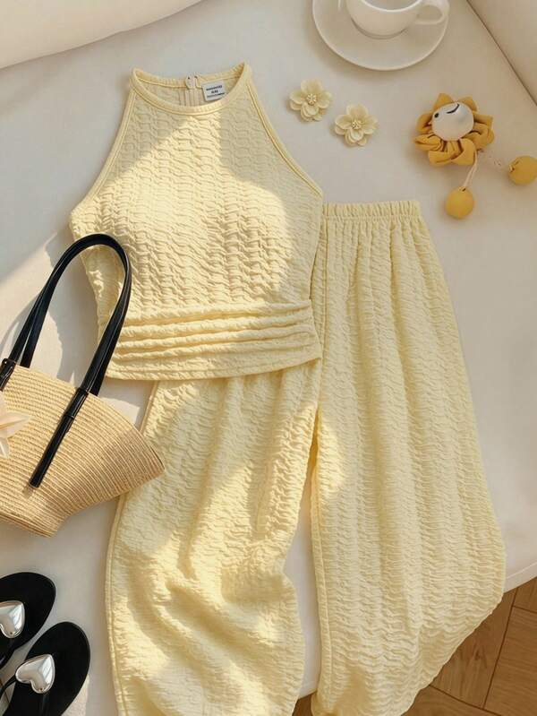 SHEIN Tween Girl Textured Ruffle Halter Top And Casual Pants Set