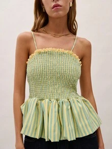 Nöista Gestreiftes Peplum-Top mit geraffter Körpermitte, dehnbare Passform und schmeichelnde Taille, Rüschensaum. Perfekt für sonnige Tage und Urlaubsreisen, für Nächte aus, Festivals, Sommerfeste, Dates, Urlaubsabende, Alltagsoutfit, Urlaub, Frühling, Ostern, Musikfestival, Strandtag. - Grün - Übersicht 3