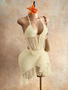 Mistrie 2026 Spring/Summer Sexy Large Mesh Beach Vacation Concert Date Shell Metal Buckle Ruffle Trim Tank Top Skirt 2-Piece Set For Women White - Apricot - View 3