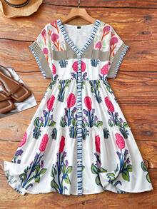 Breezaya Floral Striped Digital Print Elegant Boho A-Line Dress, Suitable For Spring, Summer Autumn, Plus Size Vacation White - Apricot - View 4