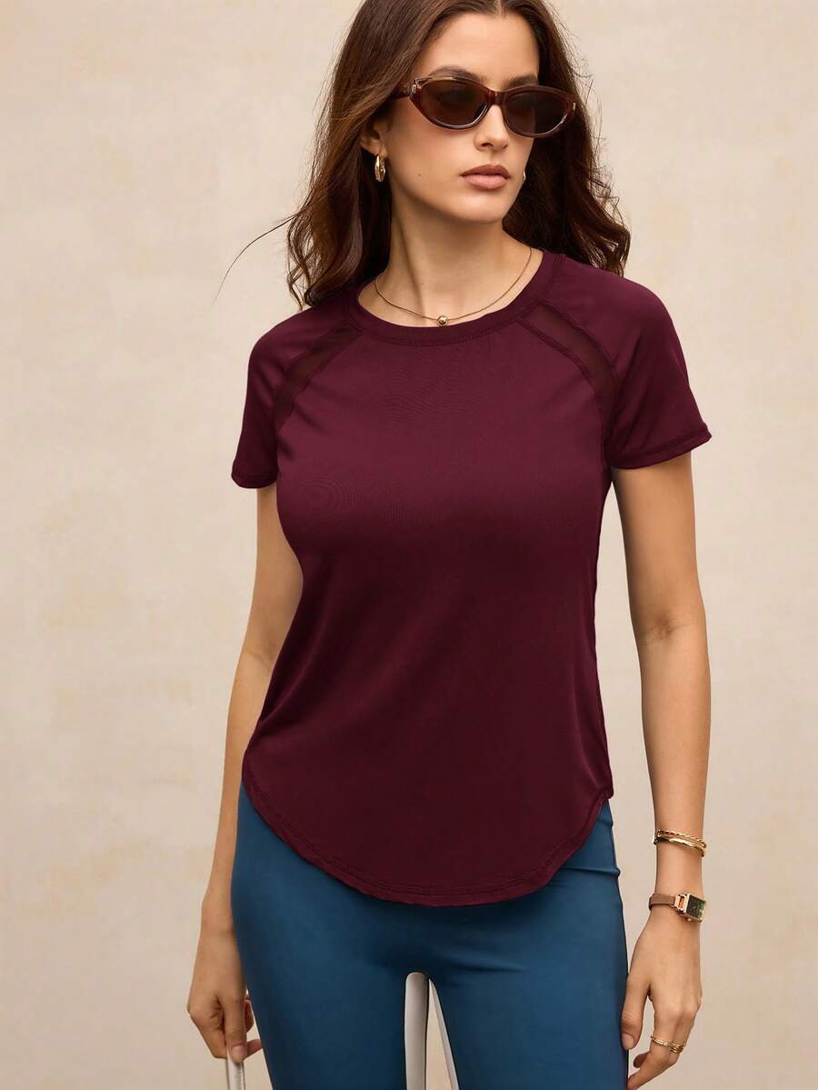 Activina Women's Solid Color Round Neck Raglan Short Sleeve Sports T-Shirt - Burgundy - View 1