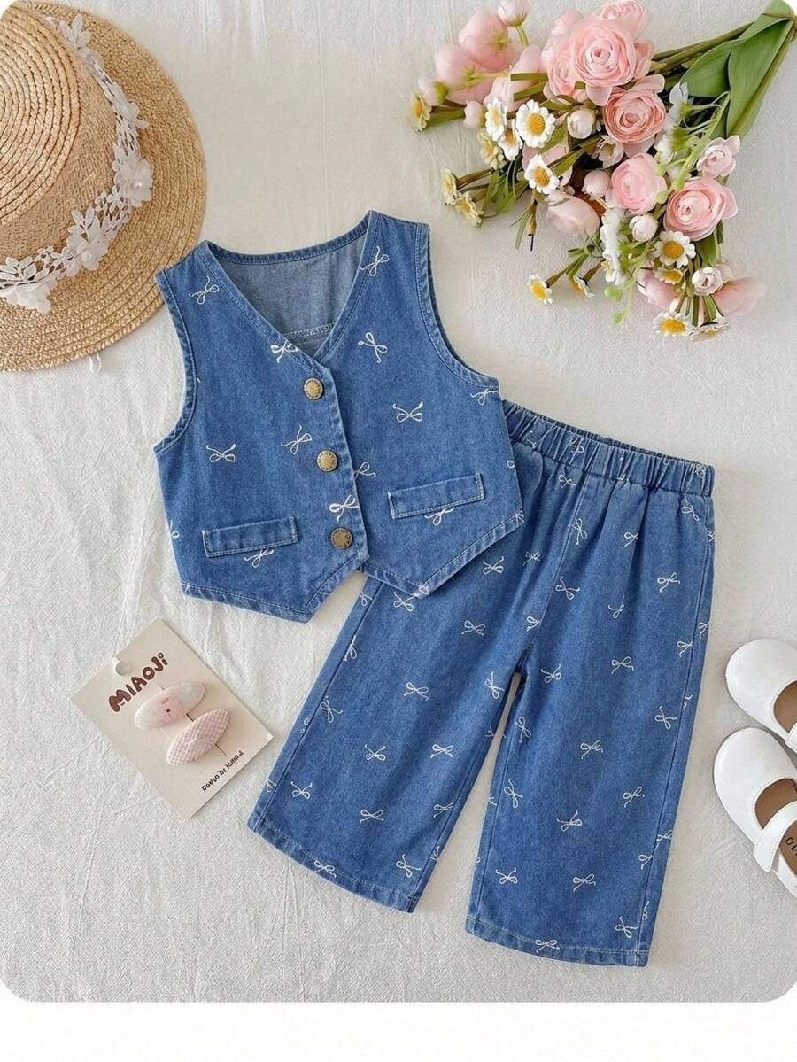 SHEIN HEIN 女童牛仔背带上衣和松紧腰裤两件套,儿童休闲度假波西米亚风套装,毕业/派对/度假套装,秋季儿童休闲舒适装 - 藍色 - 查看 1