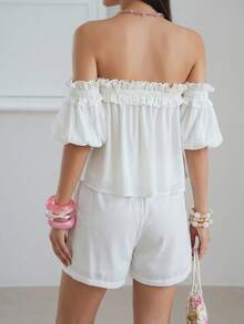DAZY Conjunto de 2 piezas de blusa romántica con hombros descubiertos, volantes blancos y ribete de oreja de madera, corte holgado para mujer, primavera-verano - Blanco - Ver 4