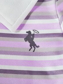 SHEIN Back-To-School 2pcs/Set Girls' Knit Pink White Coffee Striped Short Sleeve Shirt Collar Pullover T-Shirt,Knit Wide Leg Long Pants Set,American Casual - Purple - View 7