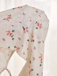 CottageSlumber Plus Size Women's Pajama Set,Pink Summer Night Jacquard Knit Fabric,Ditsy Floral Patchwork Lace Trim Bowknot Pastoral Sweet Camisole And Shorts Set - White - View 3