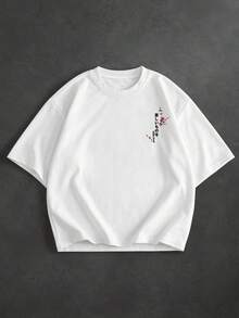 PAVTROS Men's Summer Letter & Plant Print Crew Neck Drop Shoulder T-Shirt - White - View 5