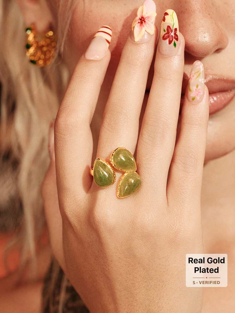Glisma 18k Gold Green Stone Crystal Light Luxury Ring,Premium/Old Money/Classy,Summer/Beach/Prom/Party,Layered/Gemstone/Beaded/Crystals,Sexy/Vintage,For Mom/Women/Girl/Mother - Gold - Green - View 1