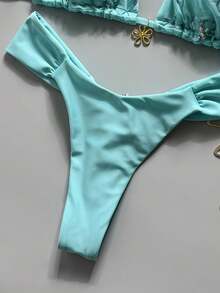 Swim Mod Conjunto de 2 piezas para vacaciones de primavera/verano con estampado aleatorio de cereza, top de bikini triangular con tirantes halter y braguita de bikini, conjunto de traje de baño sexy para mujer - Azul menta - Ver 4