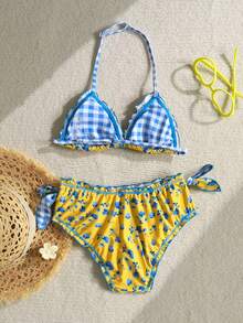 SHEIN Kids Tween Girls Beach Outfit Summer Outfits Vacation Outfits Flower Yellow Vintage Colorful Plaid Floral Printed Ruffle Tie Front Decor Beach Bikini Set For Summer - Yellow - View 2