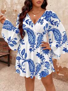EMERY ROSE Plus Size Women's Spring/Autumn Beach Vacation Style Paisley Print Deep Shirred Flared Sleeve Shirred Waist Dress Fall - Blue and White - View 1