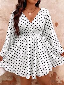 EMERY ROSE Plus Size Elegant Polka Dot Print V-Neck Flared Sleeve Dress Fall - Black and White - View 5