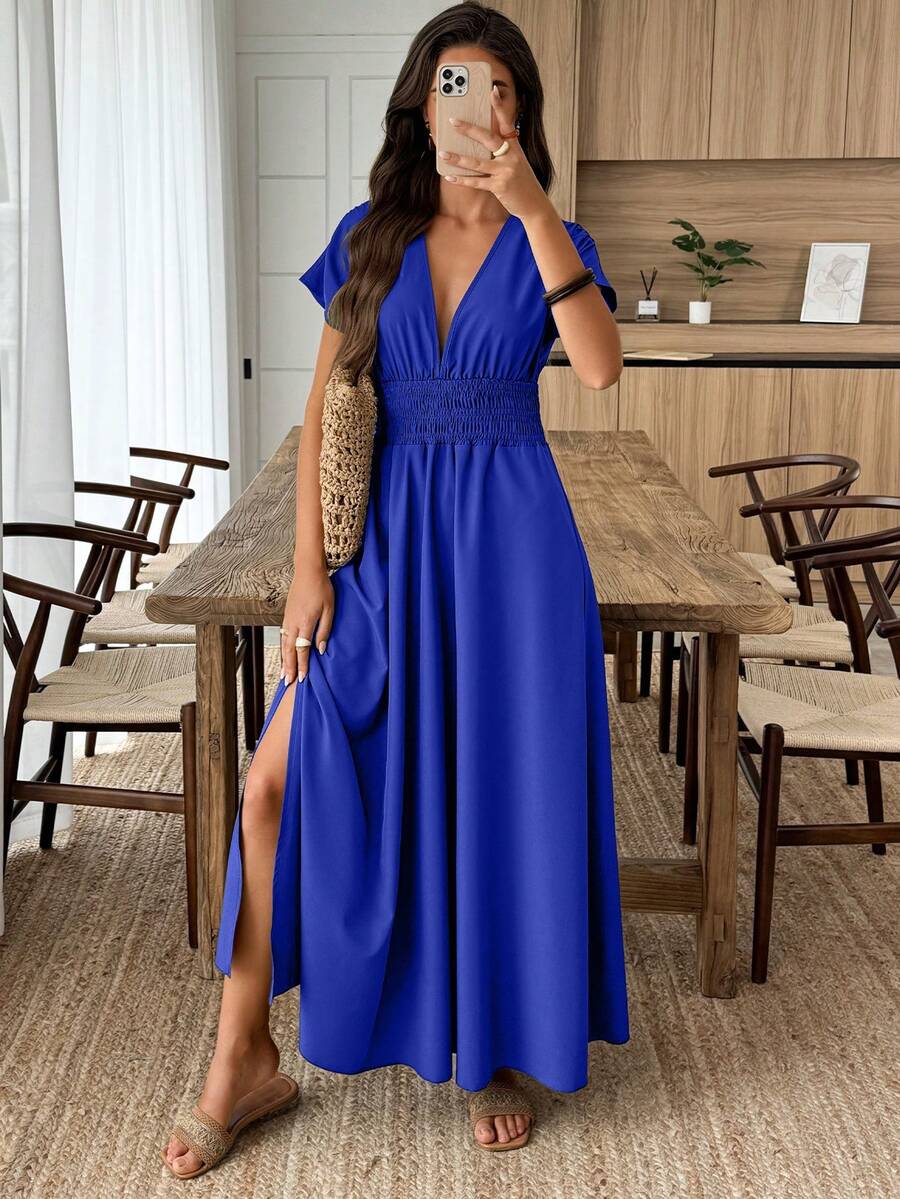 Elouméa Đầm midi nữ màu trơn, eo nhún sâu, xếp ly, phong cách thường ngày cho kỳ nghỉ - Blue Power - Xem 1