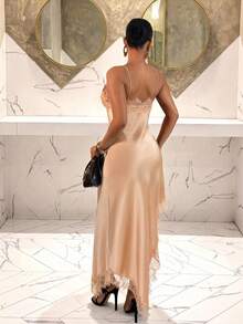 Vestido de verano de mujer con unicolor elegante, parche de encaje y bajo asimétrico - Champán - Ver 2