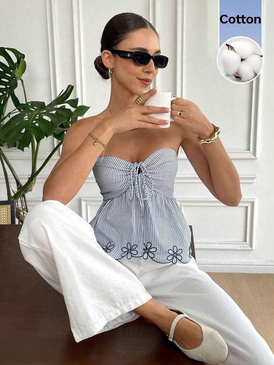 Serisse Women's Striped Tie-Front Ruffle Hem Camisole Top, Fashionable For Summer,Summer Top