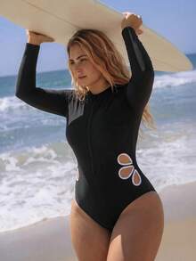 Swim SPRTY Große Größen Einteiliger Badeanzug für Damen mit einfarbigem, Cut Out Blumenmuster und Langarm - Schwarz - Übersicht 5