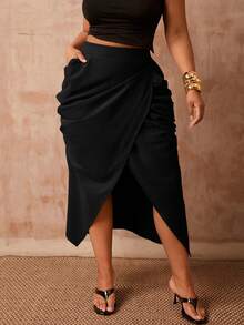 2026 Spring/Summer Elegant Commute & Casual Pleated Midi Skirt, Suitable For Birthday Party, Plus Size - Black - View 11