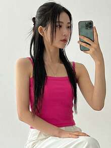 DAZY 女款素色羅紋休閒細肩帶背心 夏季 - 中紫紅色 - 查看 4