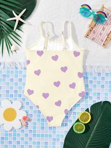 Cream White, Cute Cartoon Girl & Heart Pattern, Young Girls' Casual Minimalist One-Piece Swimsuit, Suitable For Summer - Multicolor - View 2