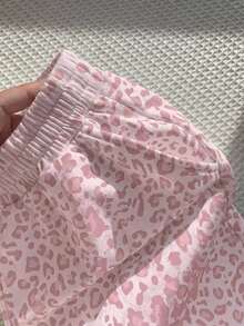 SHEIN EZwear Women's Casual Retro Pink Camouflage Leopard Print Mid-Waist Loose Long Pants, Flowy Shorts, Back To School Essential, Suitable For Daily Commute, Date, Party, Autumn/Winter/Summer, Christmas, New Year, Thanksgiving, Party, Wedding, Beach, Graduation Ceremony, Fashion, Elegant, Casual, Outing, Date, Appointment, Commute, Shiny, Valentine's Day, Elegant, Vacation, Casual, Y2K, Outing, Graduation Ceremony - Multicolor - View 4