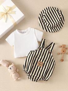 SHEIN Set estivo a 3 pezzi per neonati: body a girocollo bianco puro a maniche corte abbinato a un tutina a righe nere e albicocca con stampa di orsetti e tasche testurizzate, con cappellino da pescatore. Carino e casual, con vestibilità morbida e comoda, perfetto per uscite, raduni, vacanze e servizi fotografici. - Bianco e nero - Visualizzare 5