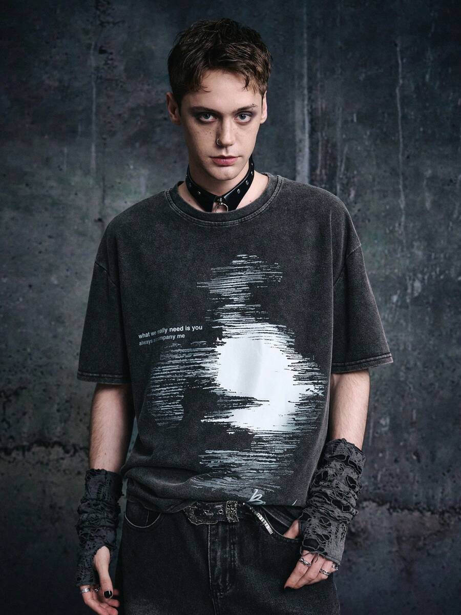Vyqestra Manfinity Streetrush 男士水洗雪水模糊人脸印花圆领短袖T恤,春夏男装,男友礼物T恤,男士图案T恤 - 黑色 - 查看 1