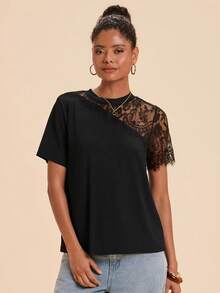 Travachic Women's Summer Casual Lace Patchwork T-Shirt - Black - View 8