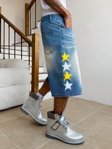 Manfinity EMRG Men's Star Embroidery Pocket Button Zipper Denim Wide Leg Shorts, Holiday - Light Wash - View 6
