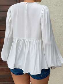 Dazy Plus Patchwork Embroidered Ruffle Hem Loose Round Neck Lantern Sleeve Casual Vacation Summer Top, Plus Size White Long Sleeve Blouse For Spring & Summer - White - View 4
