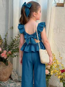 LMoss Kids Conjunto de top de manga corta y pantalones cortos en color rojo, adecuado para niños pequeños en primavera, verano y otoño, con diseño de lazo en la espalda - Azul - Ver 1