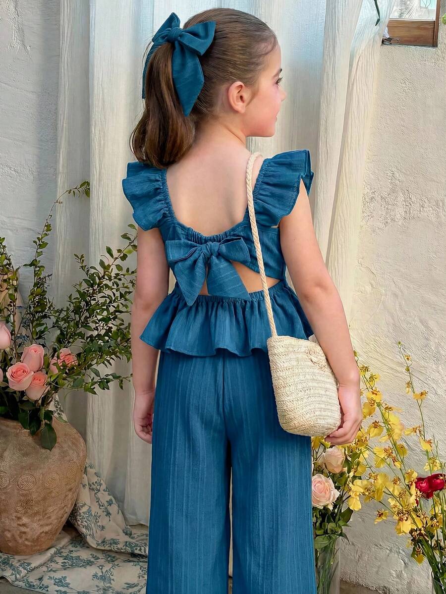 LMoss Kids Conjunto de top de manga corta y pantalones cortos en color rojo, adecuado para niños pequeños en primavera, verano y otoño, con diseño de lazo en la espalda - Azul - Ver 1
