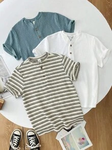SHEIN 3件組兒童青少年男孩半袖T恤套裝，木鈕扣裝飾與紋理面料，綠色、白色、條紋，短袖，適合夏季休閒出遊、運動、度假、上學，百搭百用 - 彩色 - 查看 4