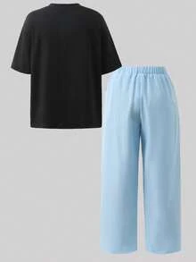 SHEIN Casuvi Kids 两件套青少年男童字母印花圆领短袖T恤和短裤休闲套装 - 藍色 - 查看 2
