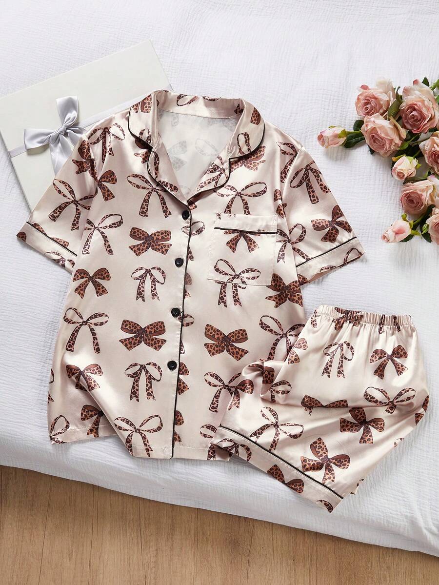 SHEIN Teen Girls Classic Leopard Print Collar Short Sleeve Shorts Comfortable 2 Pieces Pajama Set Loungewear - Multicolor - View 1