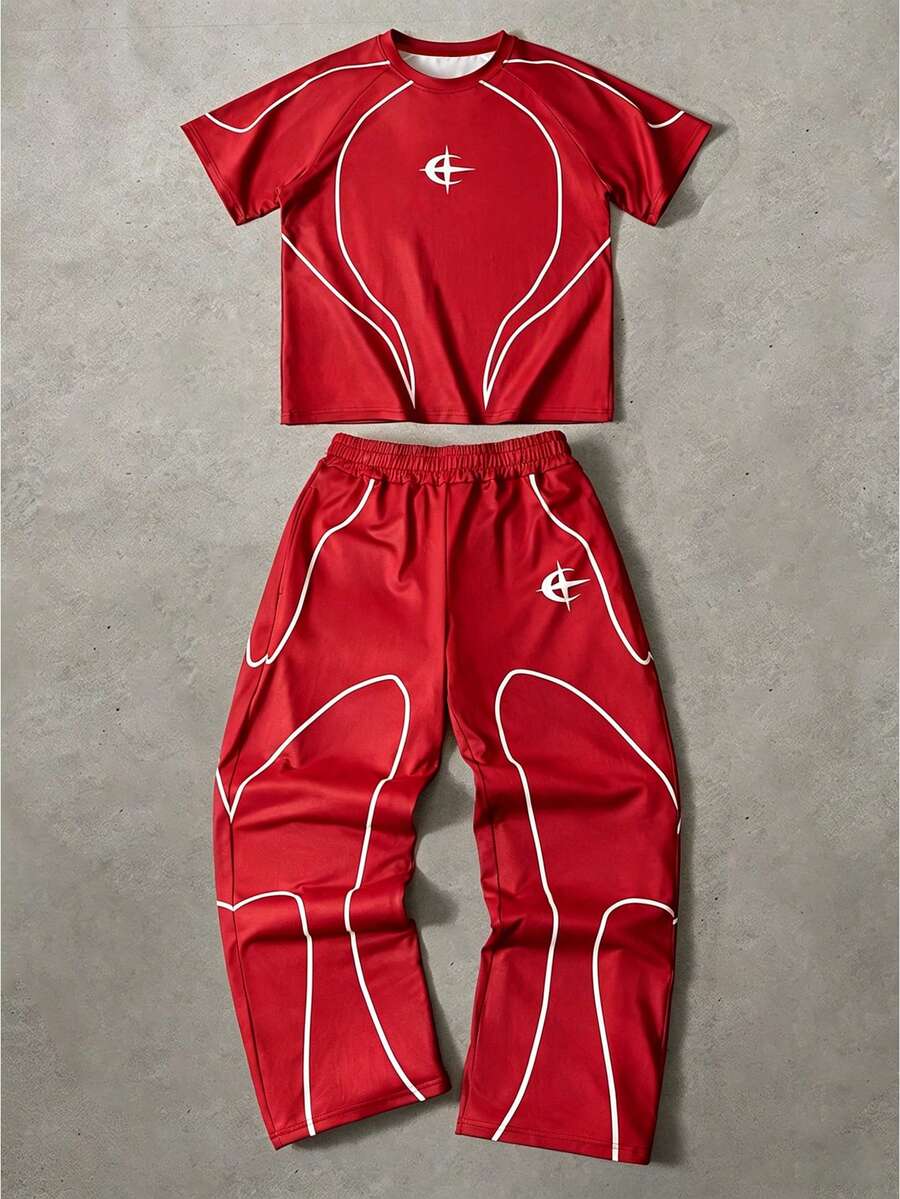 Conjunto masculino PAVTROS de streetwear esportivo com várias camadas, estilo motociclista, calça e blusa de manga curta. Ideal para o Dia dos Namorados, primavera/verão, presente para namorado, Carnaval, vintage, streetwear, festas e para sair. - Vermelho - Ver 1
