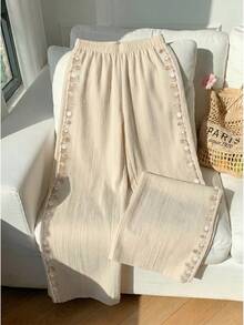 Comfortcana Quần ống rộng dáng suông, màu trơn, chất liệu vải nhăn, có dây rút, thích hợp cho kỳ nghỉ hè, cỡ lớn. - Màu be - Xem 9
